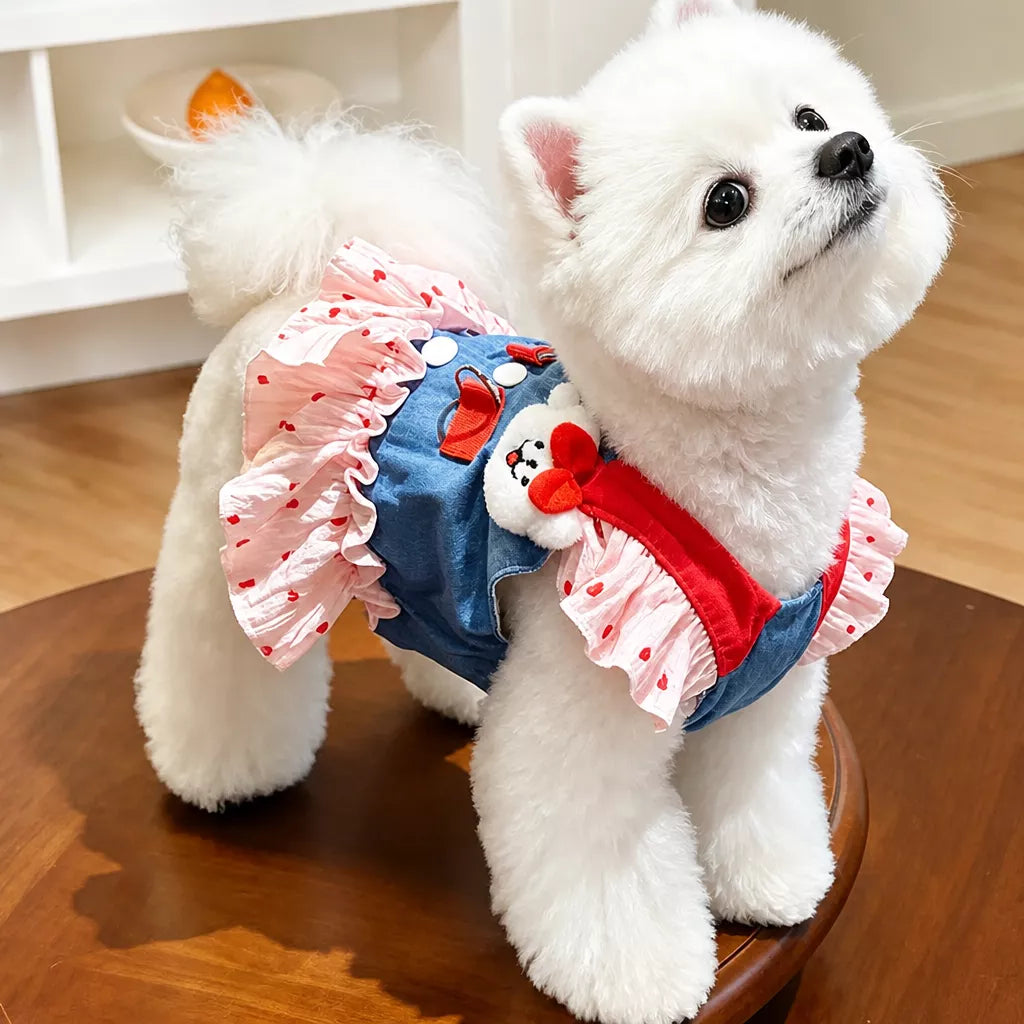 Cotton Denim-Style Pet Dress with Harness and Leash