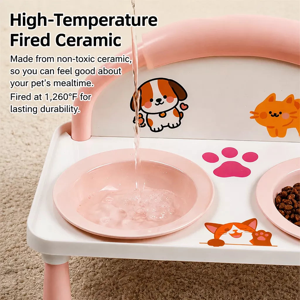 Elevated Double Pet Bowl Stand with Ceramic Bowls