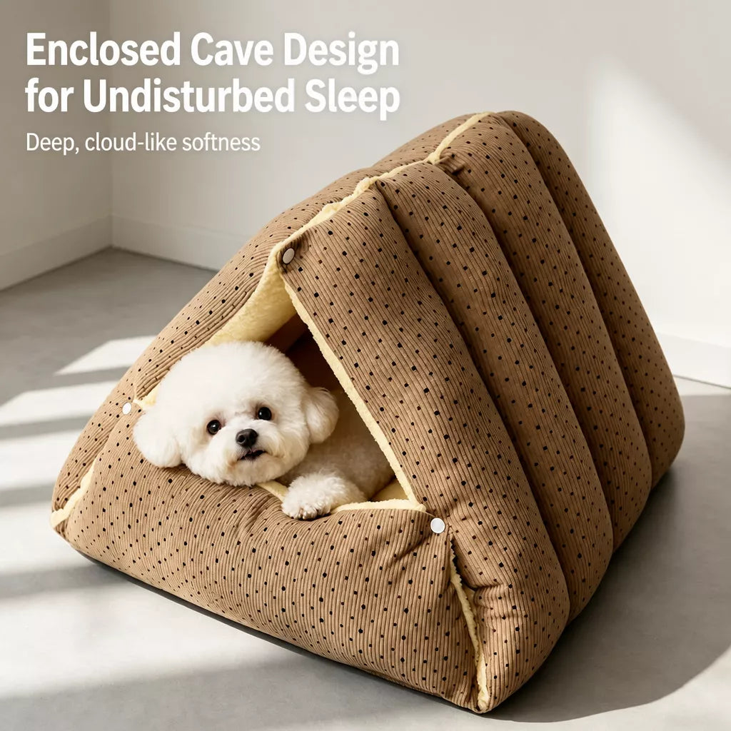 Semi-Enclosed Corduroy Pet Tent Bed for Cats & Dogs