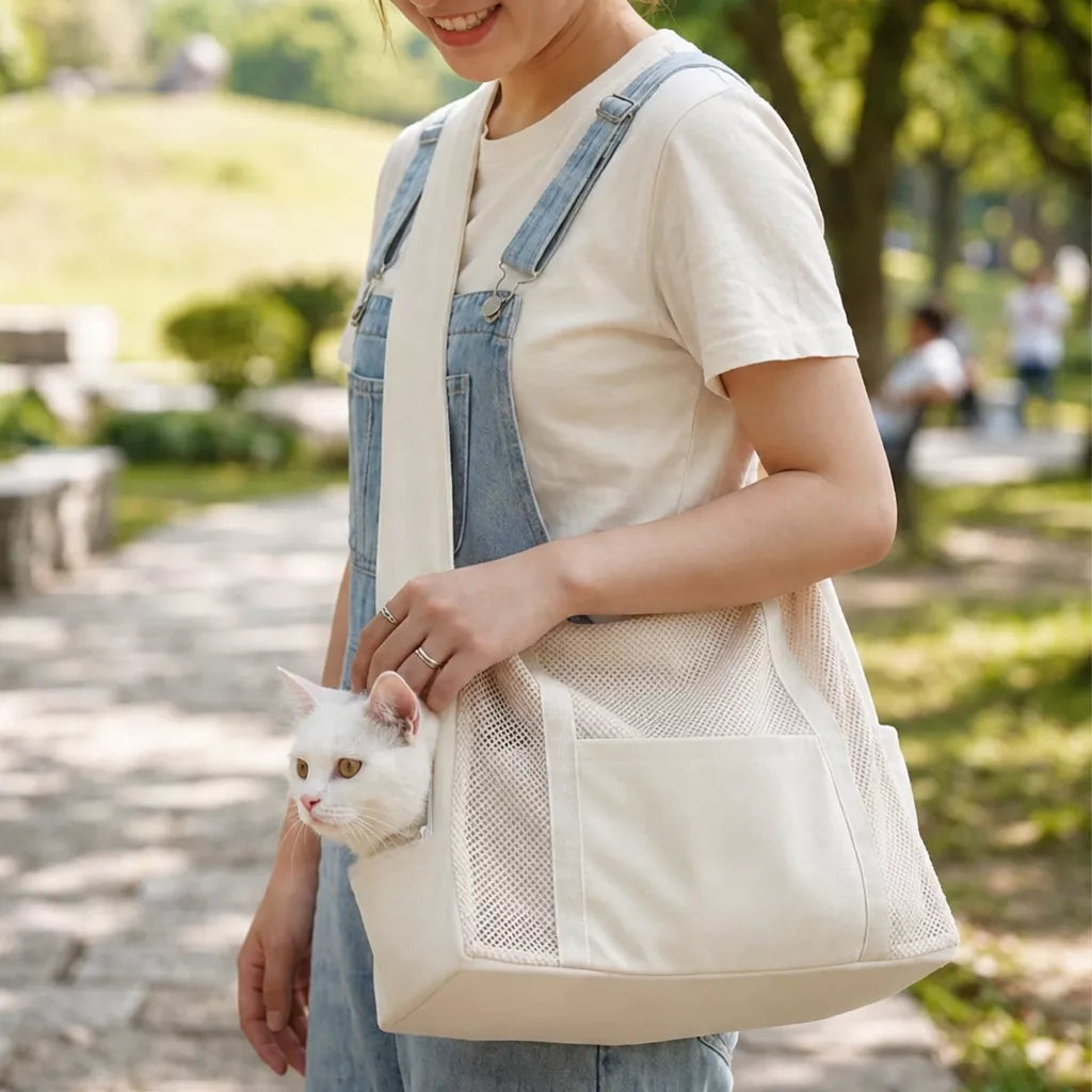 Faux Leather Mesh Crossbody Pet Carrier for Small Cats and Dogs