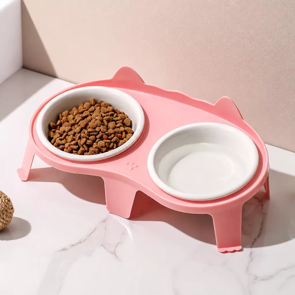Elevated Double-Bowl Ceramic Cat Feeding Set