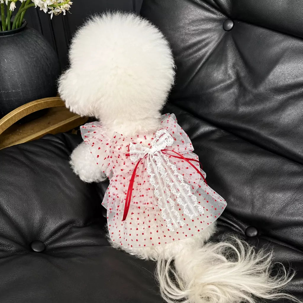 Red Polka-Dot Pet Dress with Leash Ring for Dogs and Cats