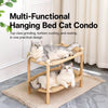 Two-Tier Solid Wood Cat Bed with Scratching and Rattan Mats