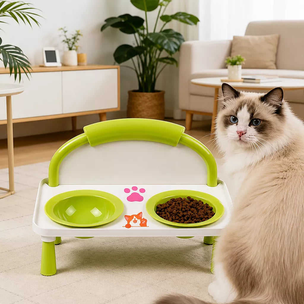 Elevated Double Pet Bowl Stand with Ceramic Bowls