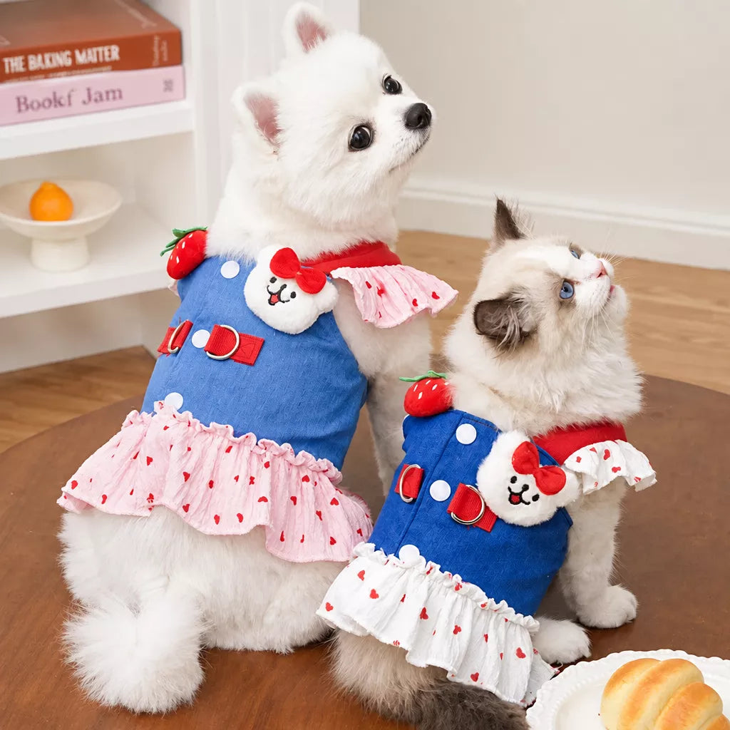 Cotton Denim-Style Pet Dress with Harness and Leash