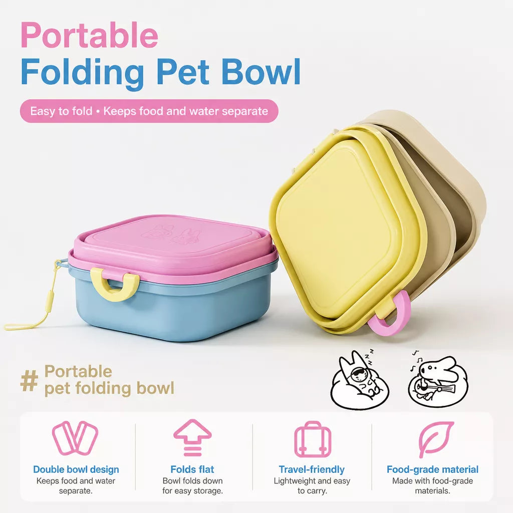 Foldable Double Pet Bowl with Snack Tray