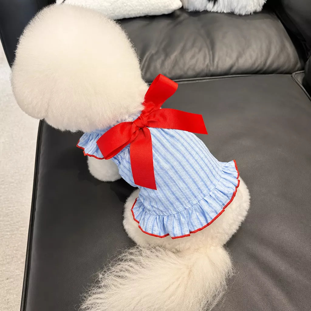 Lightweight Striped Pet Dress with Bow and Flutter Sleeves