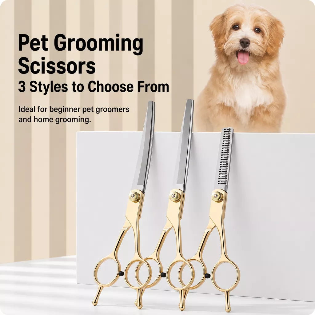 Dog Grooming Shears Set with Thinning, Curved & Straight Shears