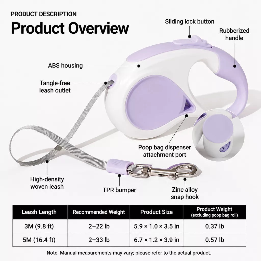 Retractable Dog Leash with Waste Bag Dispenser