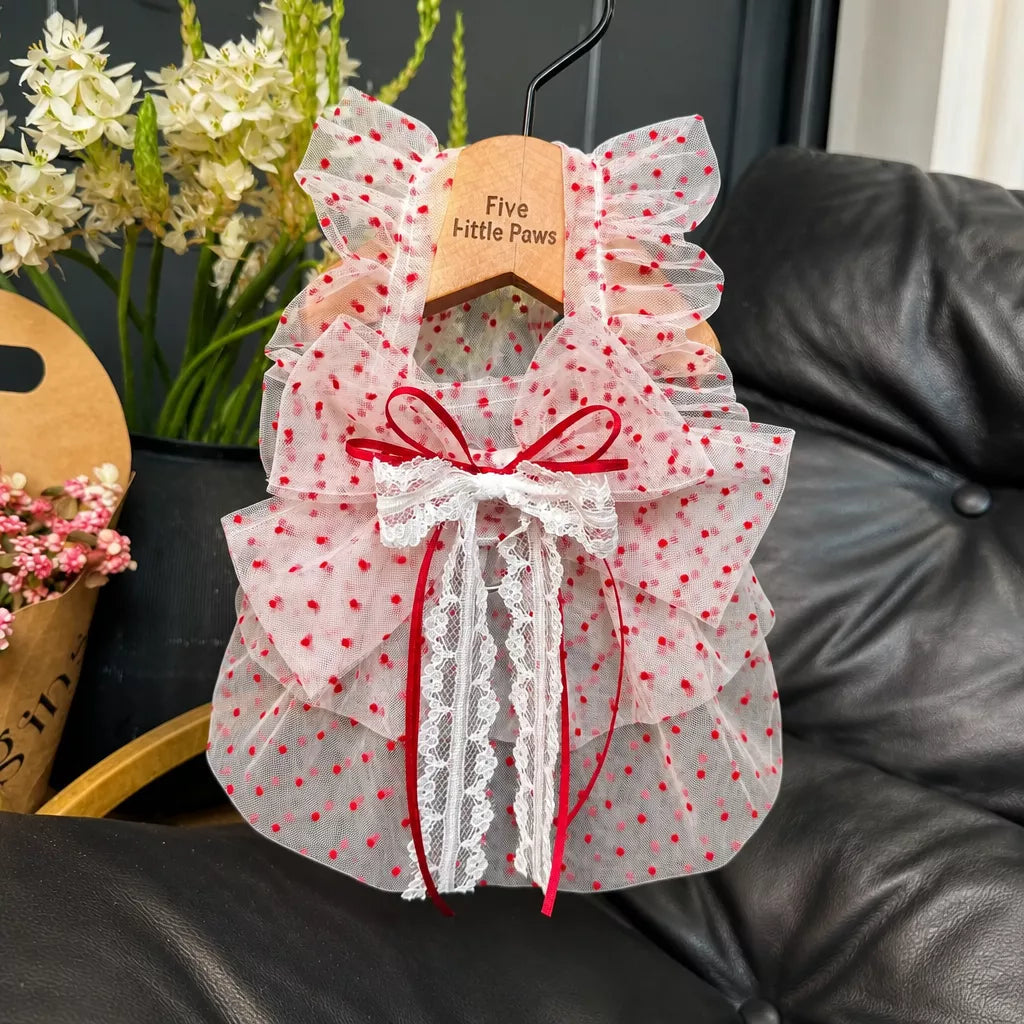Red Polka-Dot Pet Dress with Leash Ring for Dogs and Cats