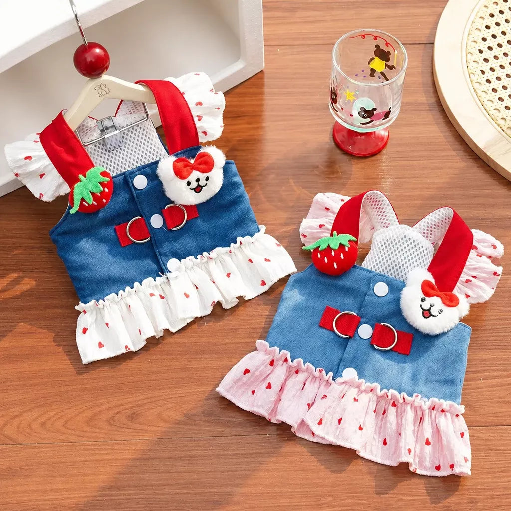 Cotton Denim-Style Pet Dress with Harness and Leash