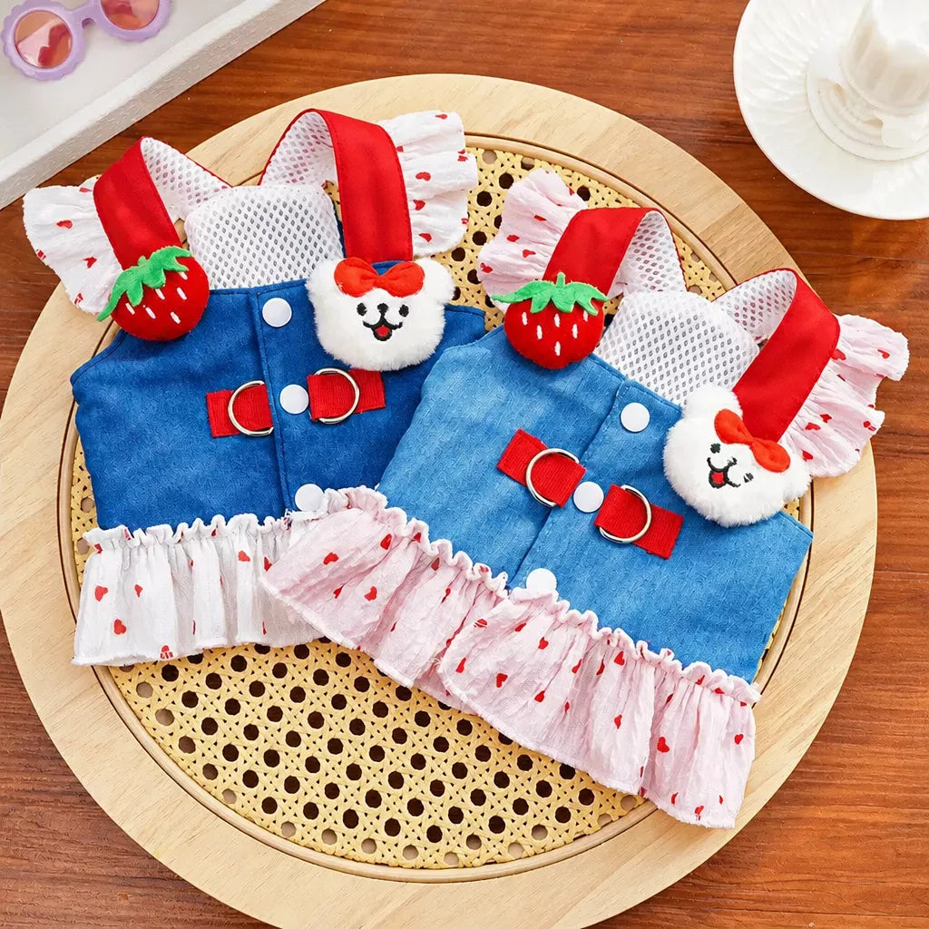 Cotton Denim-Style Pet Dress with Harness and Leash