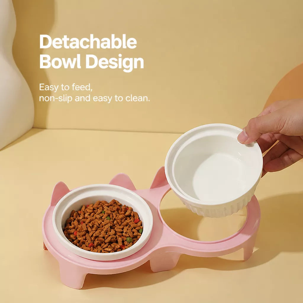 Elevated Ceramic Two-Bowl Pet Feeding Set with Stand