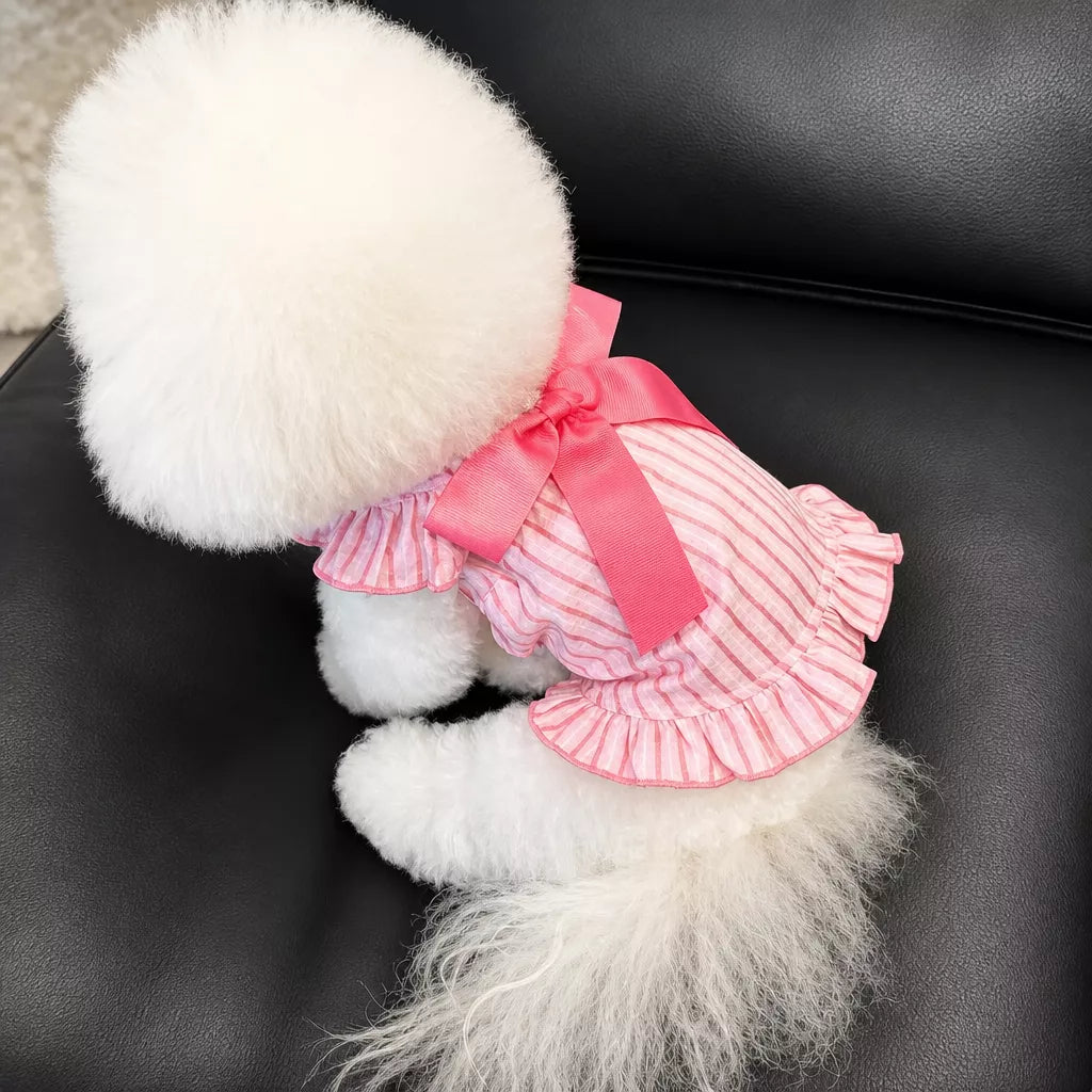 Lightweight Striped Pet Dress with Bow and Flutter Sleeves