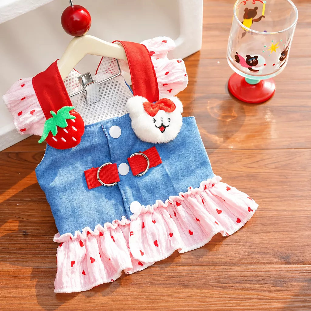 Cotton Denim-Style Pet Dress with Harness and Leash