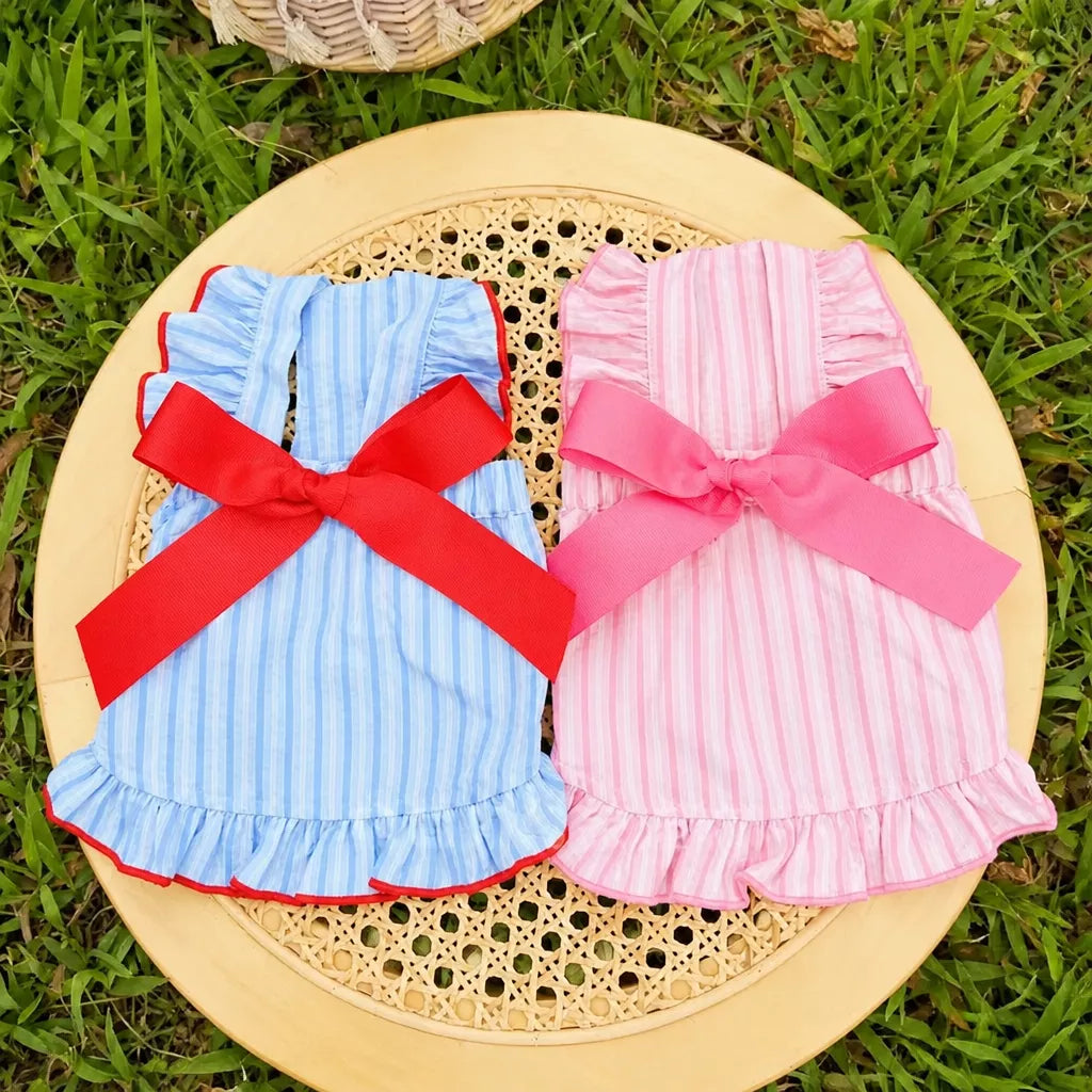 Lightweight Striped Pet Dress with Bow and Flutter Sleeves