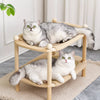 Two-Tier Solid Wood Cat Bed with Scratching and Rattan Mats