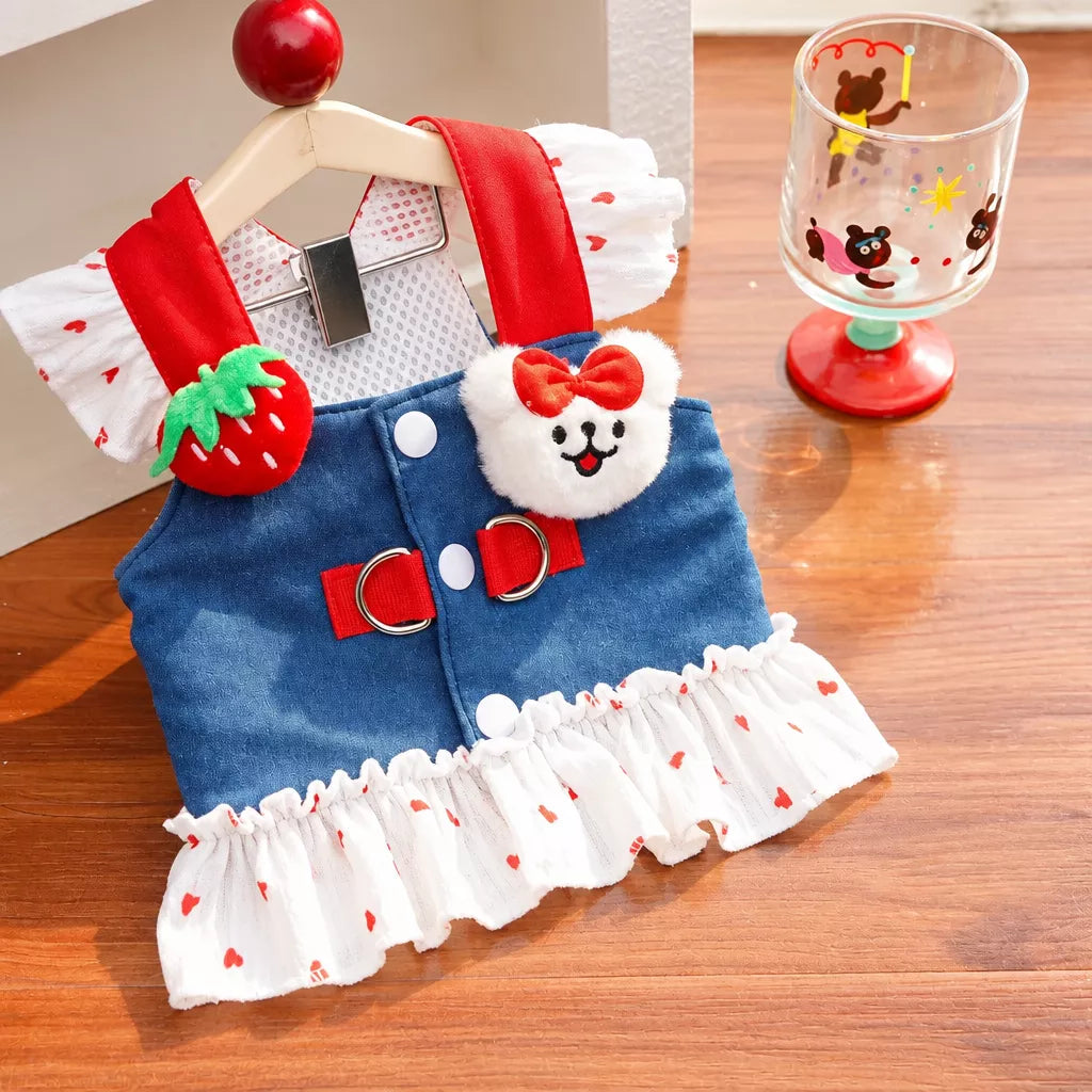 Cotton Denim-Style Pet Dress with Harness and Leash