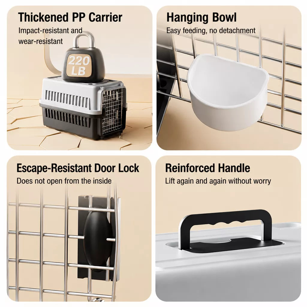 Pet Airline Travel Carrier with Hanging Bowl for Cats and Small Dogs