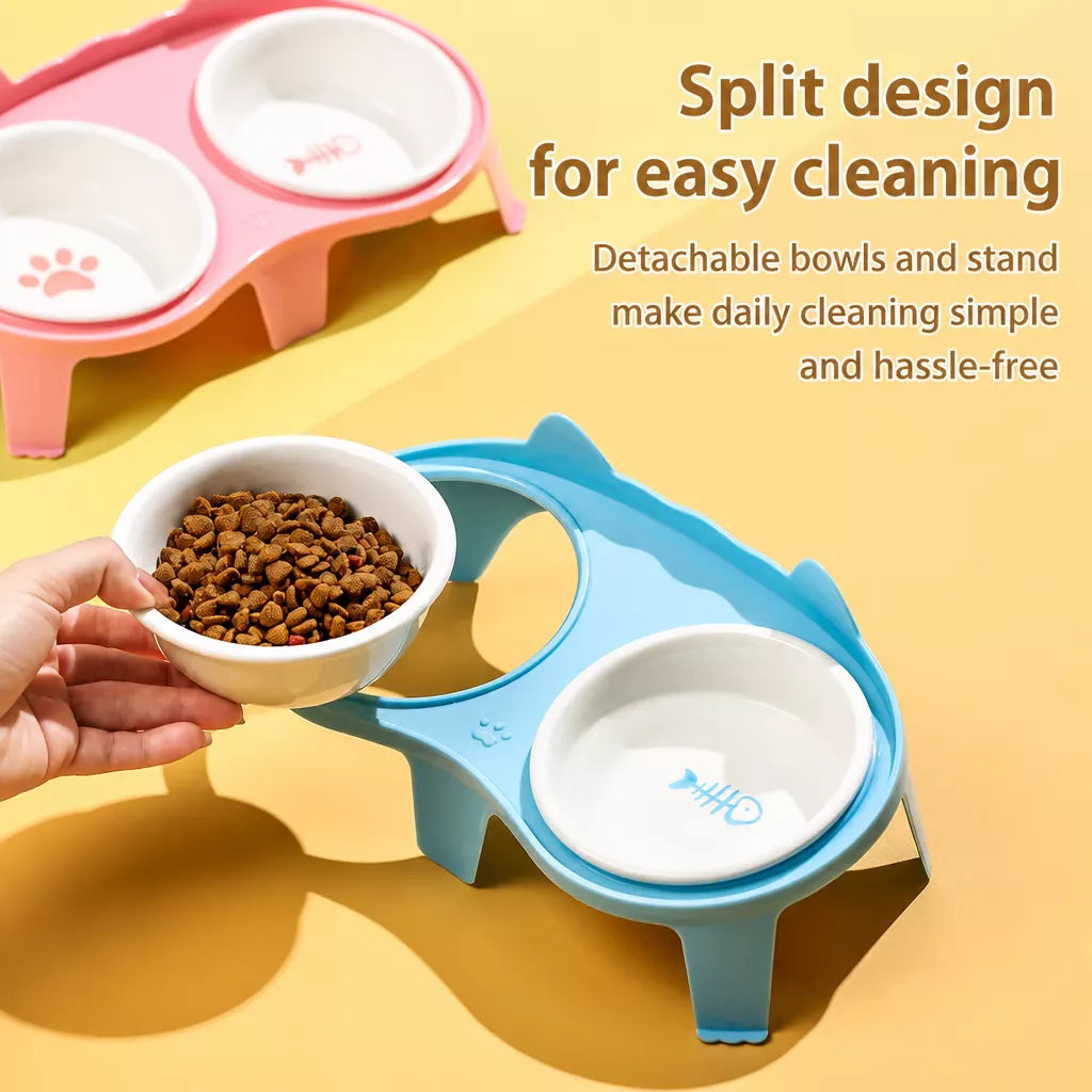 Elevated Double-Bowl Ceramic Cat Feeding Set