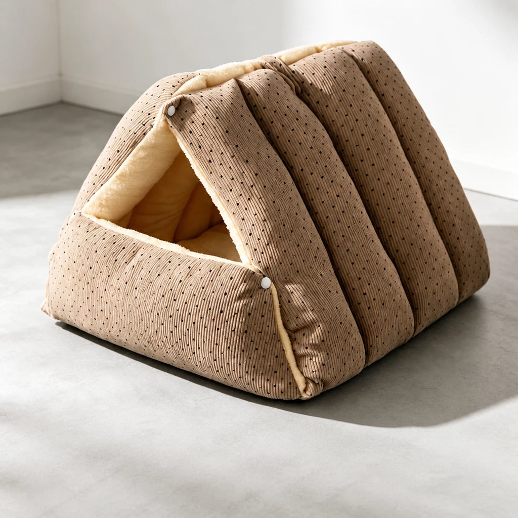 Semi-Enclosed Corduroy Pet Tent Bed for Cats & Dogs