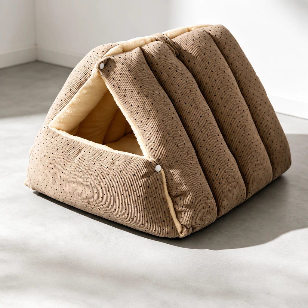 Semi-Enclosed Corduroy Pet Tent Bed for Cats & Dogs
