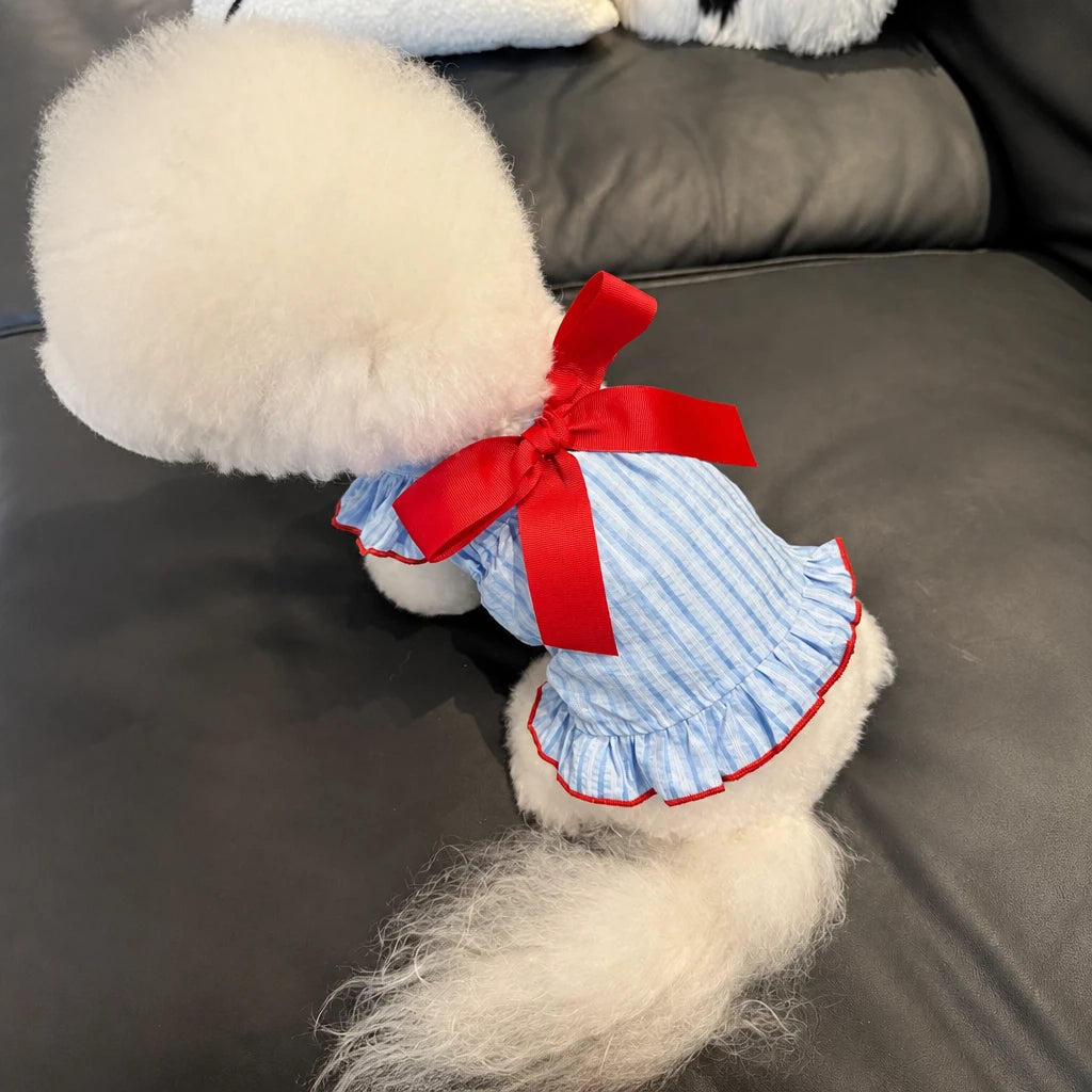 Lightweight Striped Pet Dress with Bow and Flutter Sleeves