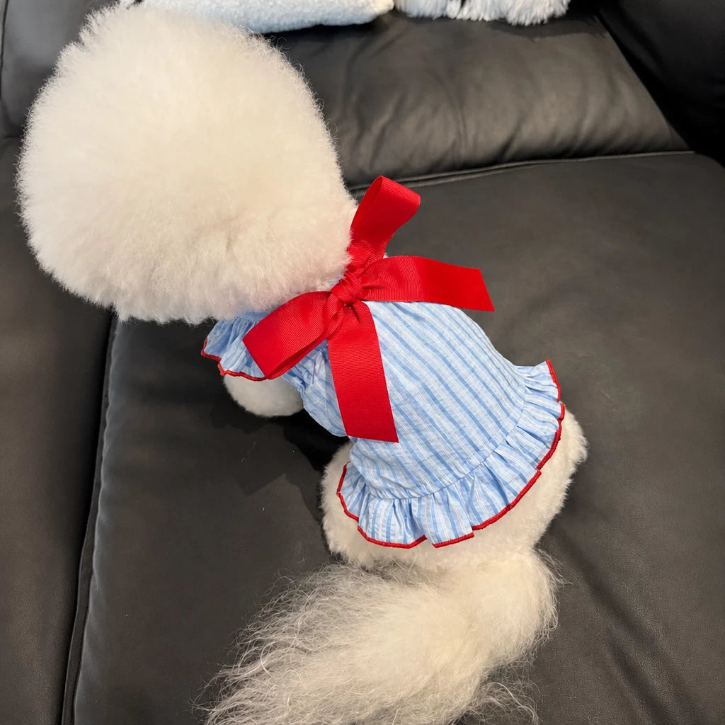 Lightweight Striped Pet Dress with Bow and Flutter Sleeves