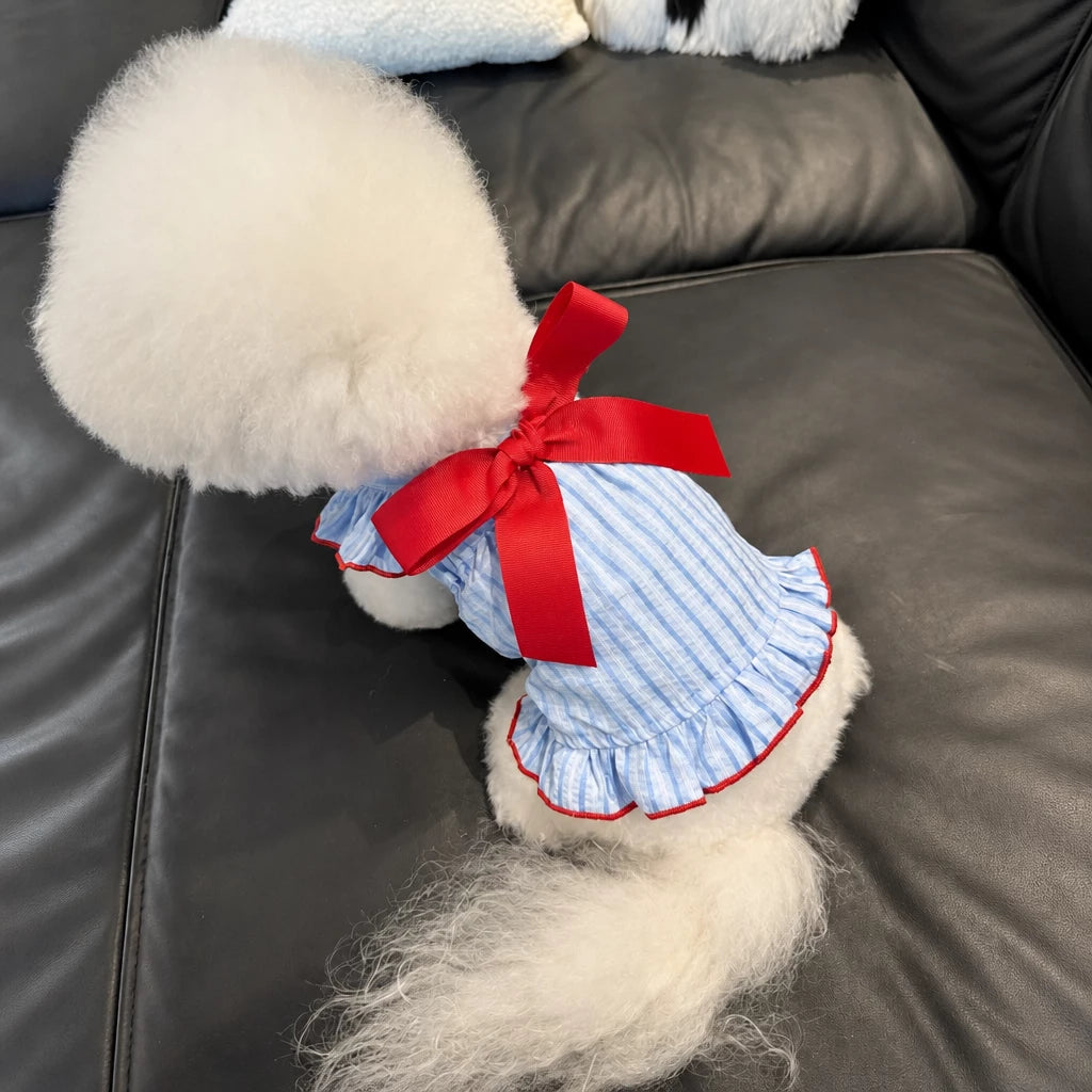 Lightweight Striped Pet Dress with Bow and Flutter Sleeves