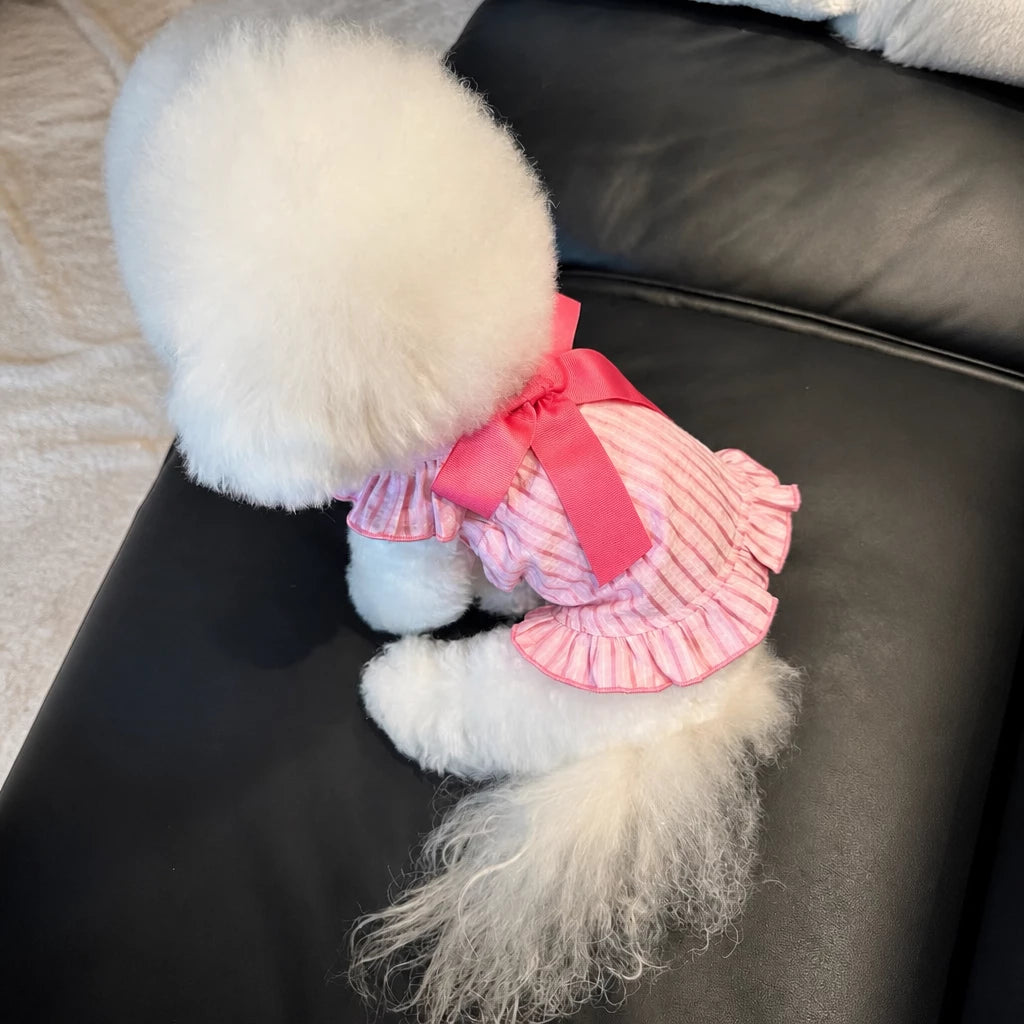 Lightweight Striped Pet Dress with Bow and Flutter Sleeves