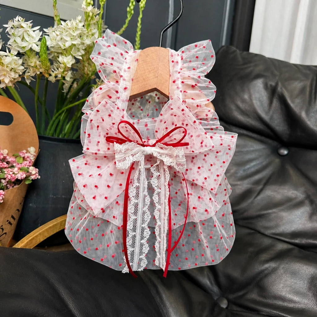 Red Polka-Dot Pet Dress with Leash Ring for Dogs and Cats