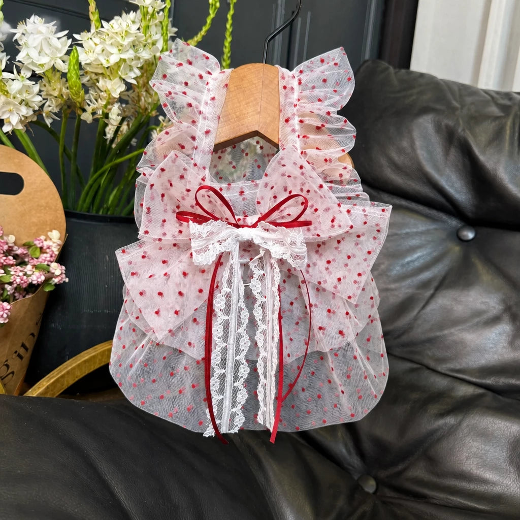 Red Polka-Dot Pet Dress with Leash Ring for Dogs and Cats