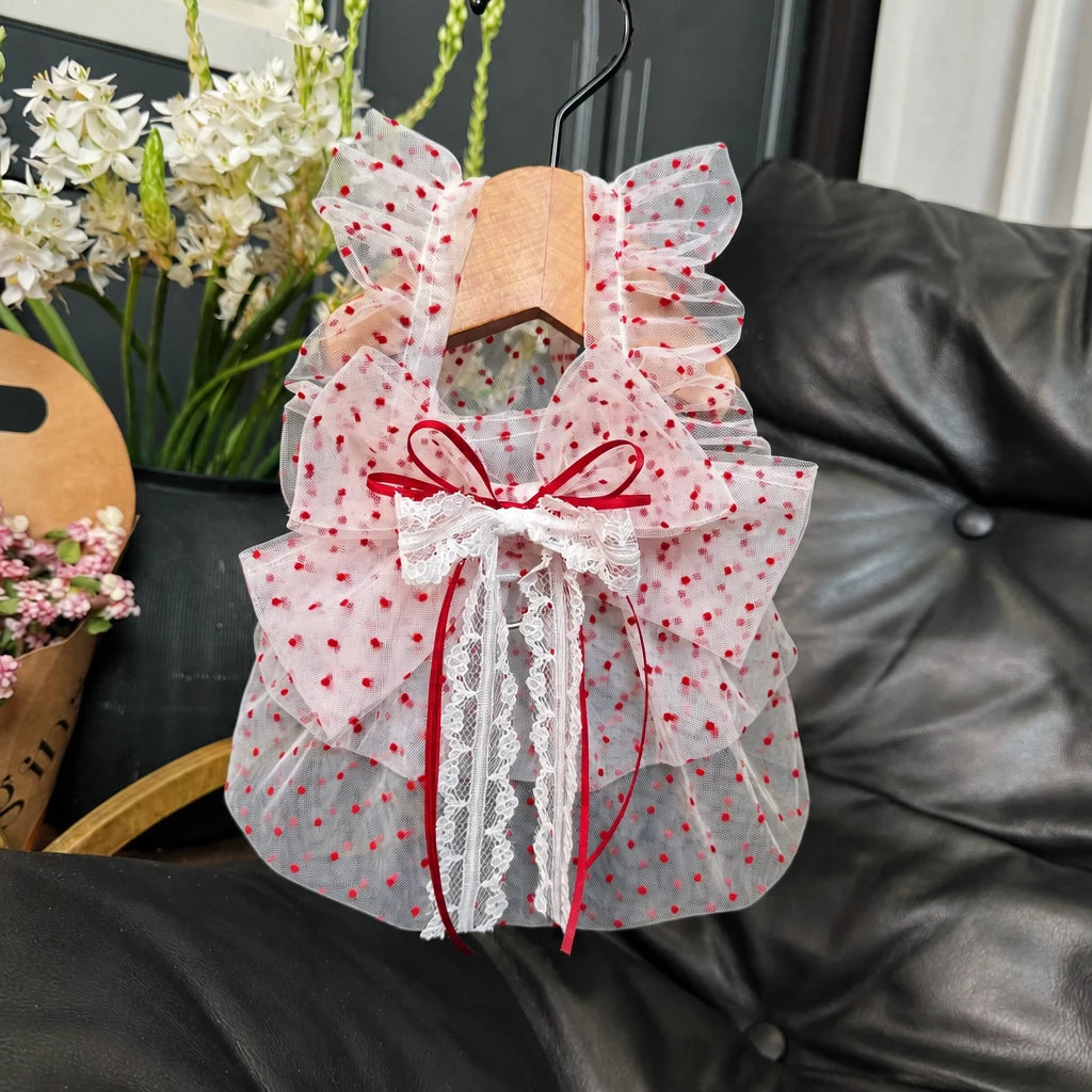 Red Polka-Dot Pet Dress with Leash Ring for Dogs and Cats