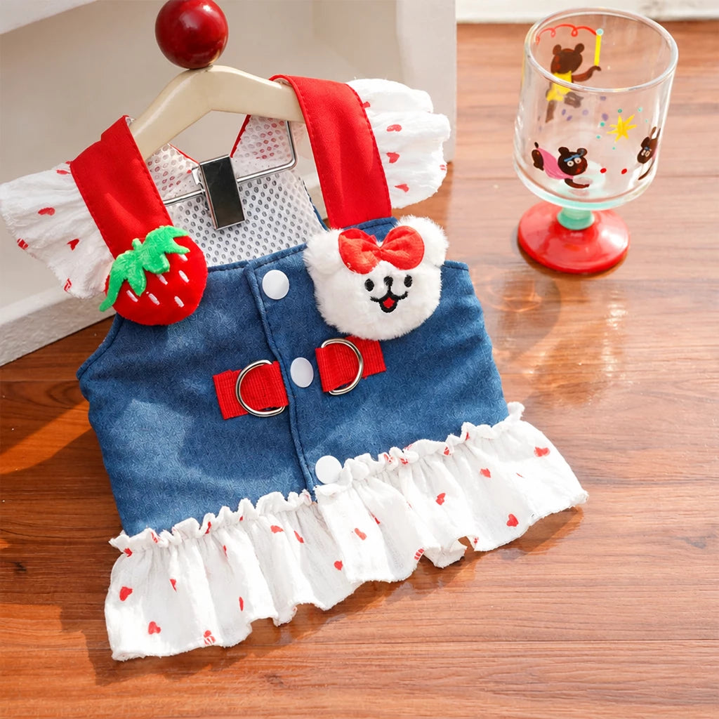 Cotton Denim-Style Pet Dress with Harness and Leash