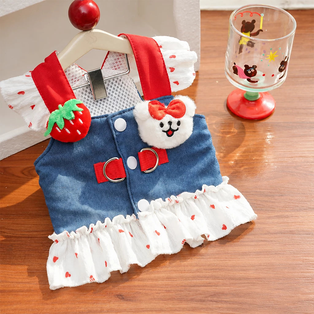 Cotton Denim-Style Pet Dress with Harness and Leash