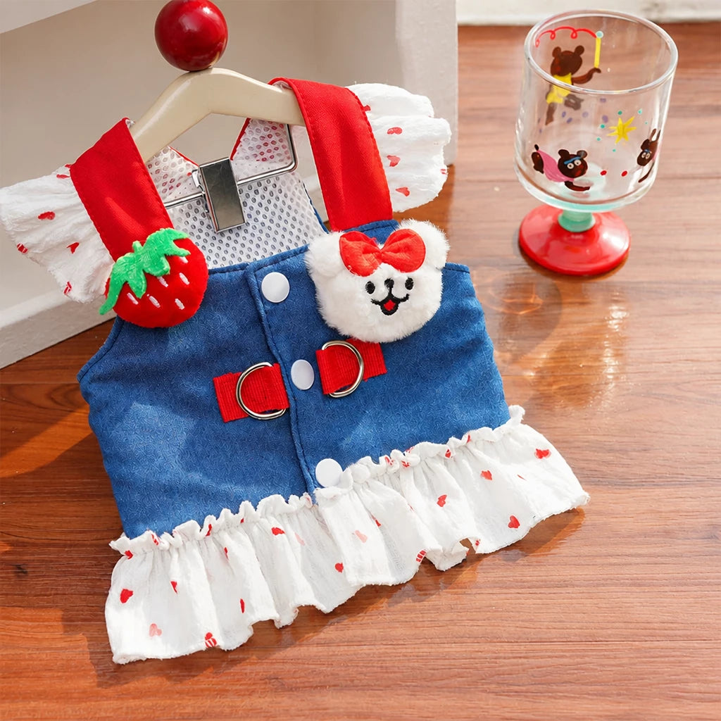 Cotton Denim-Style Pet Dress with Harness and Leash