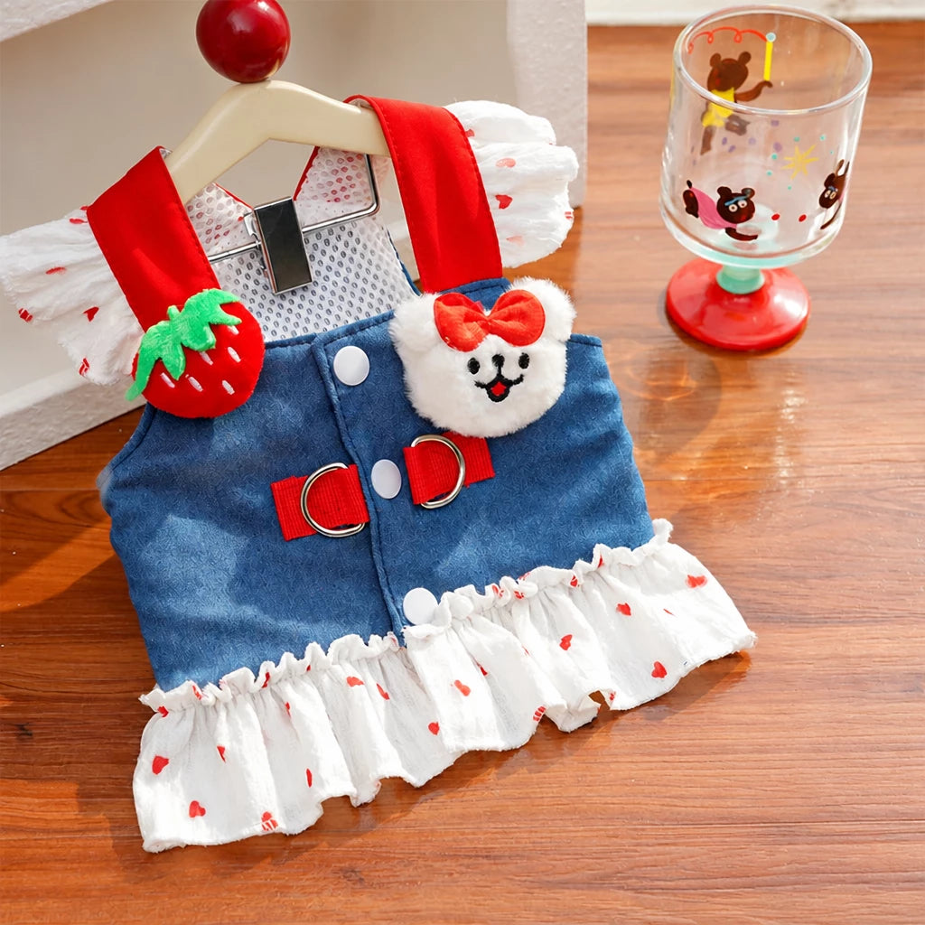 Cotton Denim-Style Pet Dress with Harness and Leash