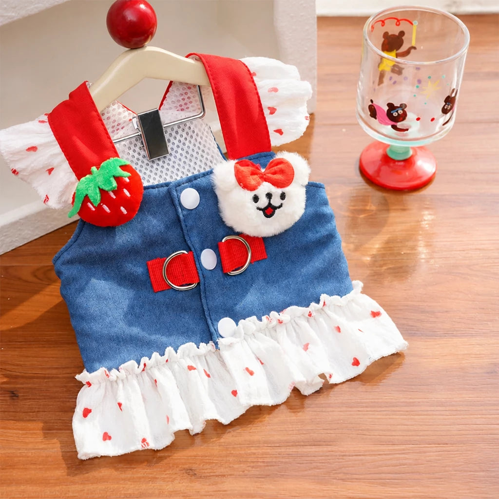 Cotton Denim-Style Pet Dress with Harness and Leash