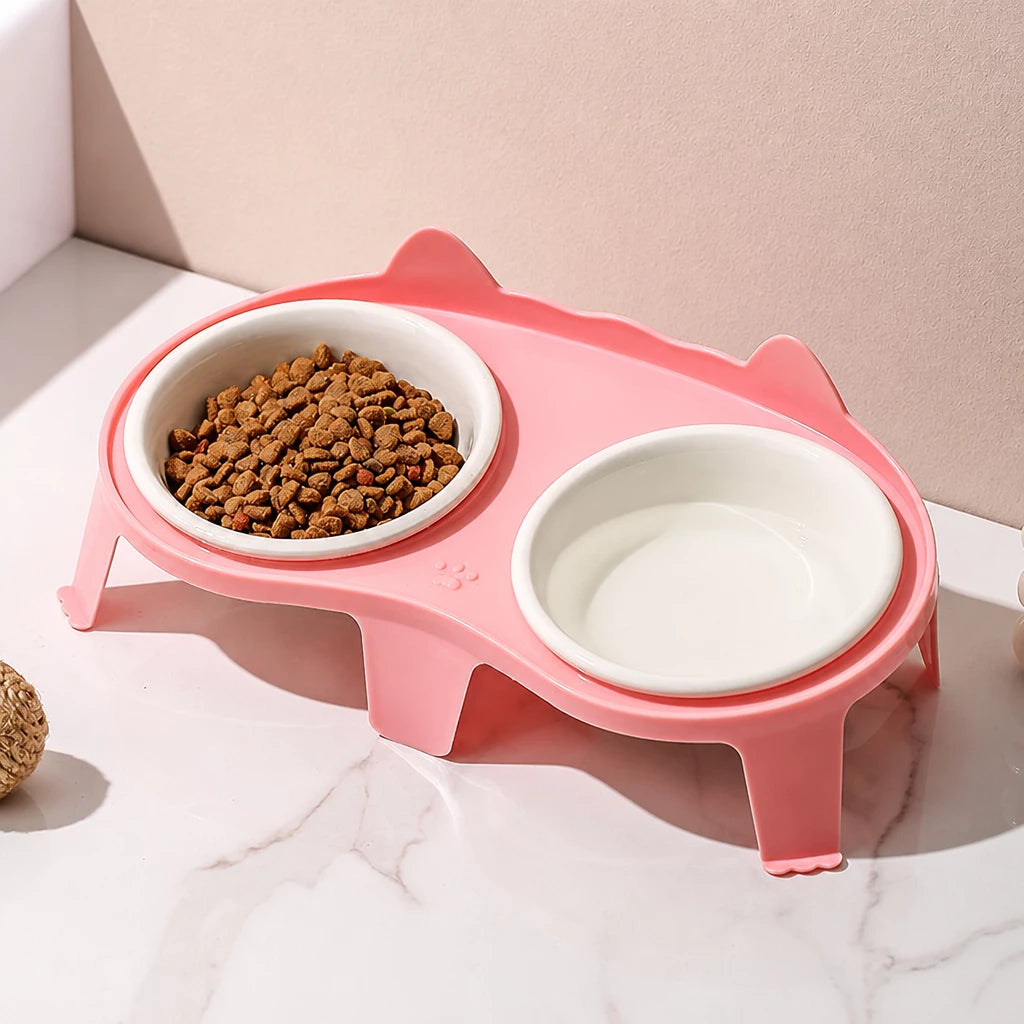 Elevated Double-Bowl Ceramic Cat Feeding Set