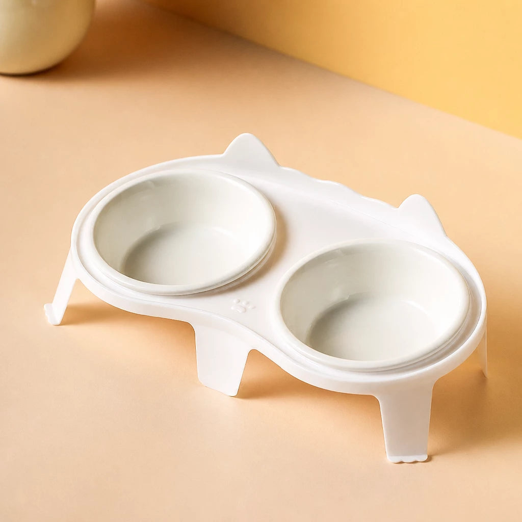 Elevated Double-Bowl Ceramic Cat Feeding Set