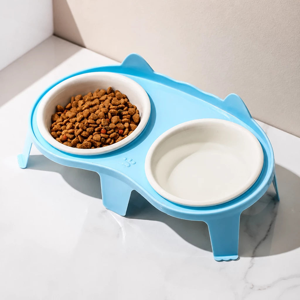 Elevated Double-Bowl Ceramic Cat Feeding Set