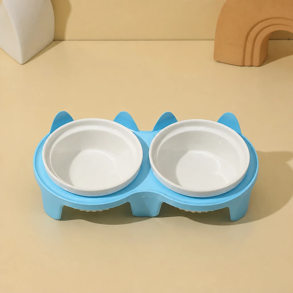 Elevated Ceramic Two-Bowl Pet Feeding Set with Stand