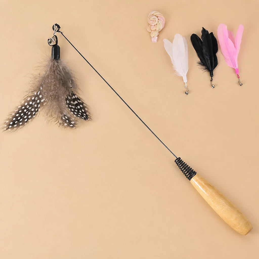 Detachable Feather Wand Cat Toy with Wooden Handle