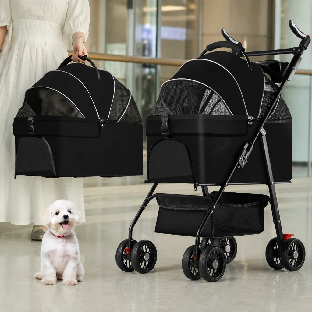 Foldable Pet Stroller with Removable Carrier and Tray