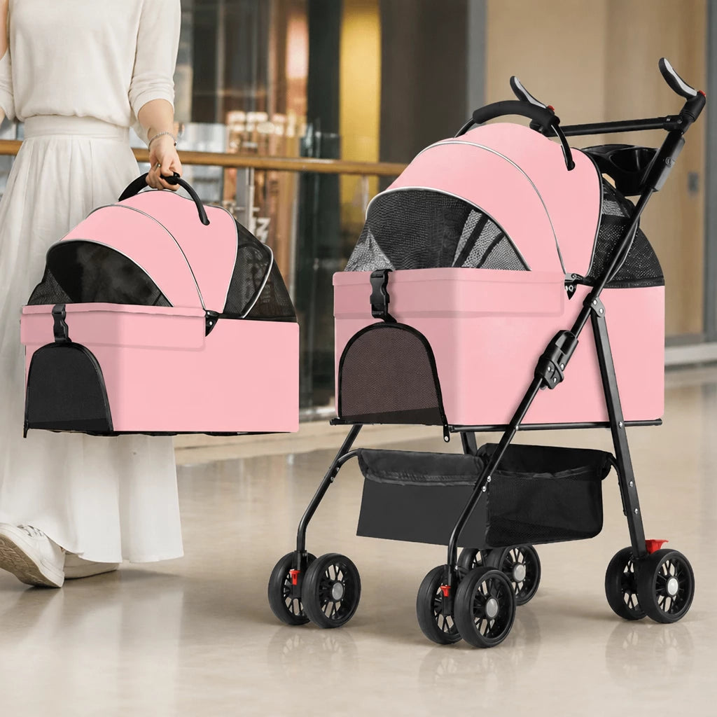 Foldable Pet Stroller with Removable Carrier and Tray