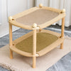 Two-Tier Solid Wood Cat Bed with Scratching and Rattan Mats