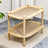 Two-Tier Solid Wood Cat Bed with Scratching and Rattan Mats