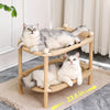 Two-Tier Solid Wood Cat Bed with Scratching and Rattan Mats