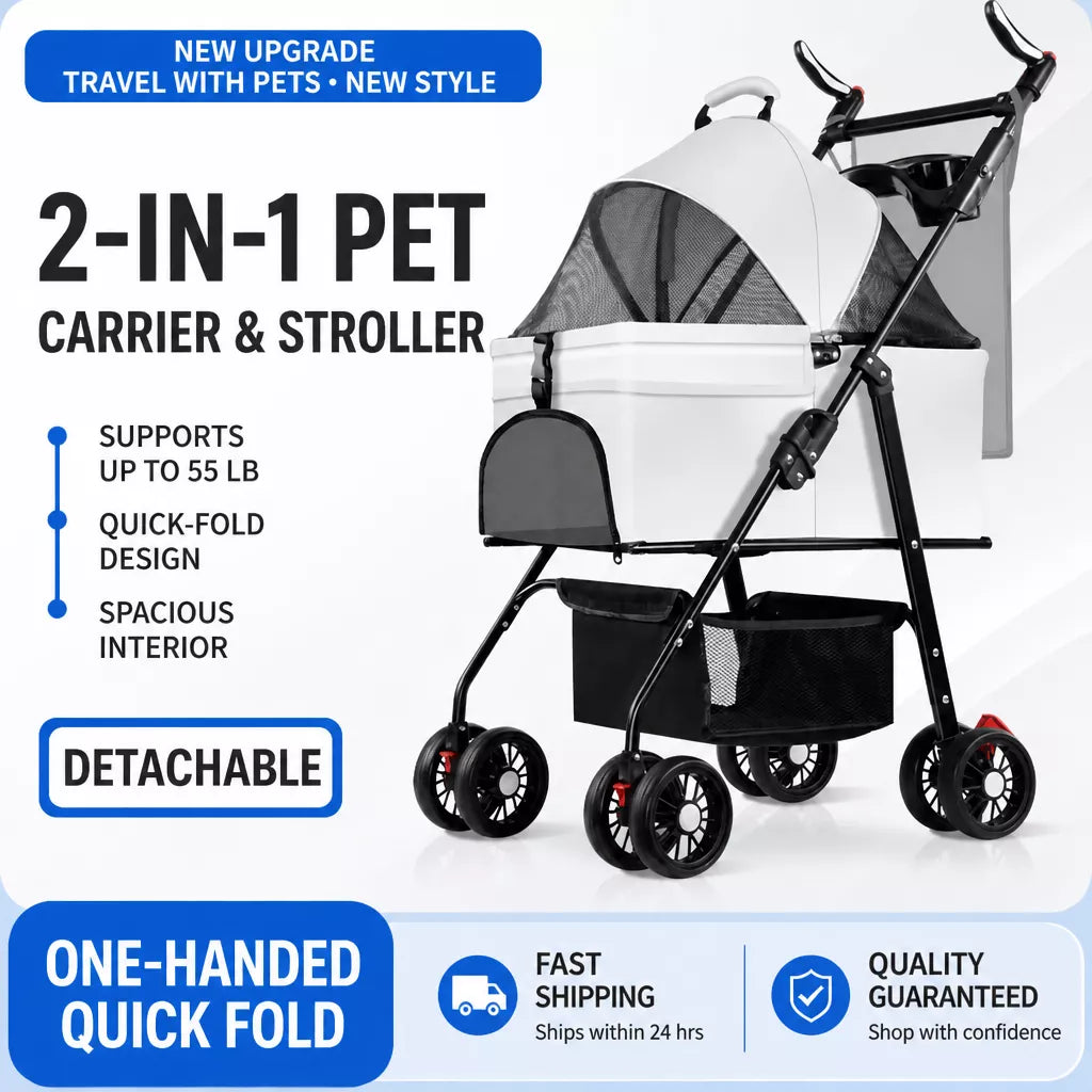 Foldable Pet Stroller with Removable Carrier and Tray