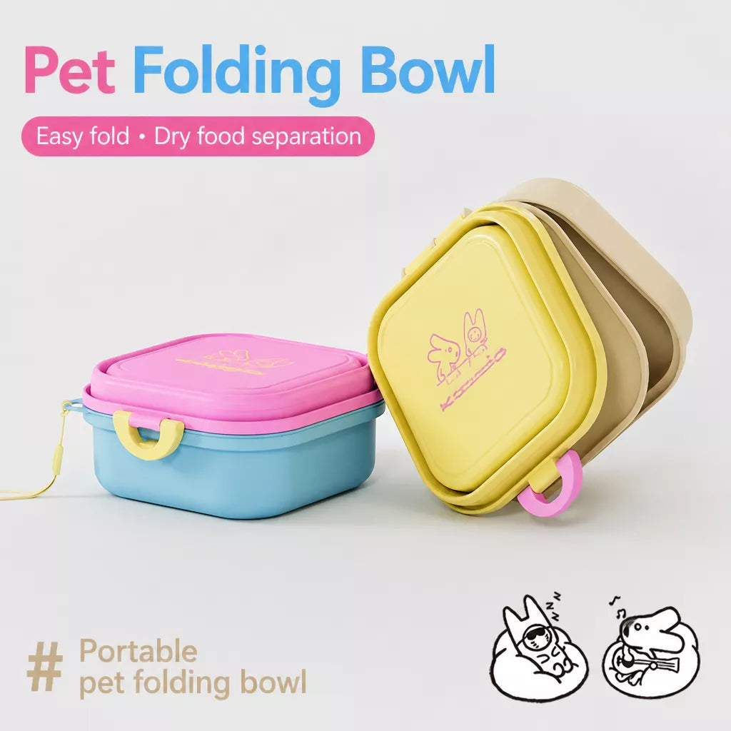 Foldable Double Pet Bowl with Snack Tray